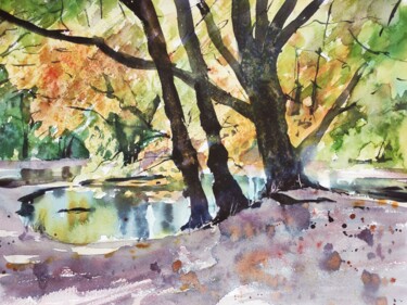 Pintura intitulada "Autumn Woodland" por Ibolya Taligas, Obras de arte originais, Aquarela