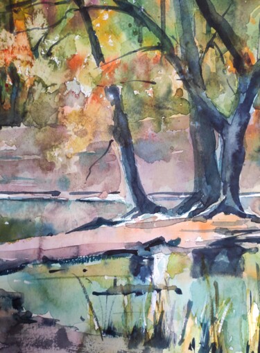 Malerei mit dem Titel "Autumn Forest II." von Ibolya Taligas, Original-Kunstwerk, Aquarell