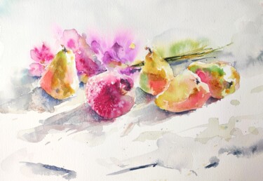 Painting titled "Fruits and Flowers" by Ibolya Taligas, Original Artwork, Watercolor