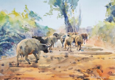 Schilderij getiteld "Buffalos in the Sou…" door Ibolya Taligas, Origineel Kunstwerk, Aquarel