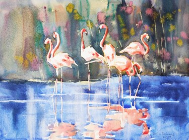 Картина под названием "Flamingos" - Ibolya Taligas, Подлинное произведение искусства, Акварель