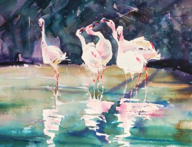 Malerei mit dem Titel "Flamingos II" von Ibolya Taligas, Original-Kunstwerk, Aquarell