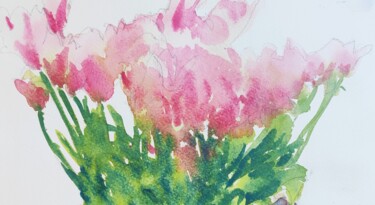 Pintura intitulada "Pink Tulips II" por Ibolya Taligas, Obras de arte originais, Aquarela