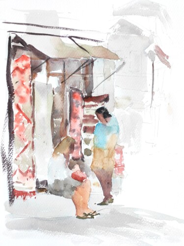 Pintura intitulada "Gjirokastra Bazaar" por Ibolya Taligas, Obras de arte originais, Aquarela