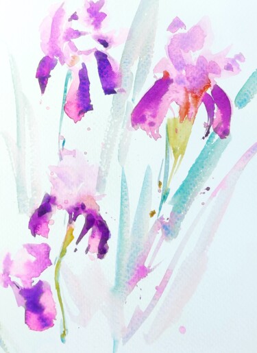 Painting titled "Pink Irises" by Ibolya Taligas, Original Artwork, Watercolor