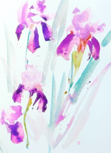 Pittura intitolato "Pink Irises" da Ibolya Taligas, Opera d'arte originale, Acquarello