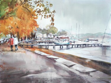 Painting titled "Autumn by Lake Wind…" by Ibolya Taligas, Original Artwork, Watercolor