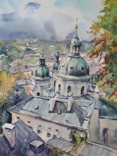 Pittura intitolato "Salzburg skyline" da Ibolya Taligas, Opera d'arte originale, Acquarello