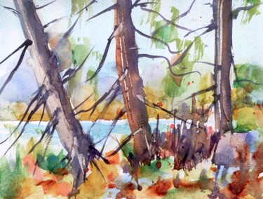 Peinture intitulée "Lakeside pine trees" par Ibolya Taligas, Œuvre d'art originale, Aquarelle