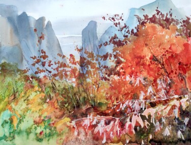 Painting titled "THE METEORA in Cent…" by Ibolya Taligas, Original Artwork, Watercolor