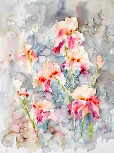 Картина под названием "Cream and Pink IRIS…" - Ibolya Taligas, Подлинное произведение искусства, Акварель