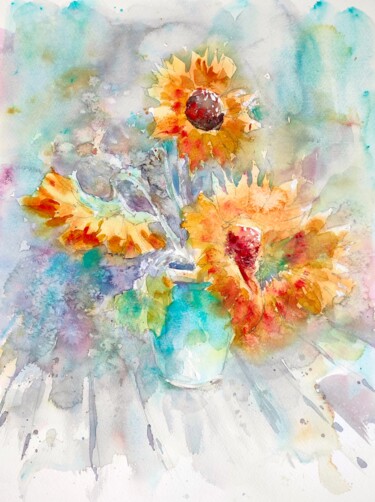 Painting titled "SUNFLOWERS on the t…" by Ibolya Taligas, Original Artwork, Watercolor