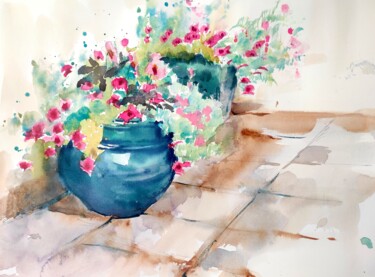 Painting titled "GREEN FLOWER POTS o…" by Ibolya Taligas, Original Artwork, Watercolor