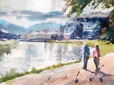 Malerei mit dem Titel "Salzburg city view" von Ibolya Taligas, Original-Kunstwerk, Aquarell