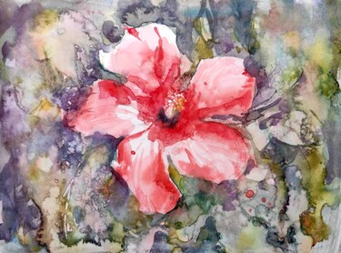 Painting titled "PINK HIBISCUS flower" by Ibolya Taligas, Original Artwork, Watercolor
