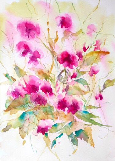 Pittura intitolato "SWEET PEAS FLOWERS" da Ibolya Taligas, Opera d'arte originale, Acquarello