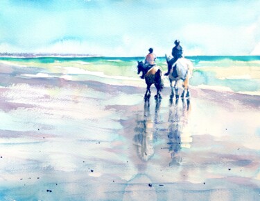 Картина под названием "HORSE RIDING ON THE…" - Ibolya Taligas, Подлинное произведение искусства, Акварель