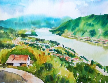 Painting titled "Danube Bend version…" by Ibolya Taligas, Original Artwork, Watercolor