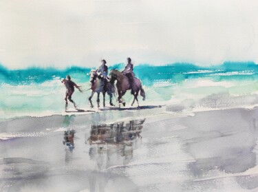 Ζωγραφική με τίτλο "HORSE RIDERS on the…" από Ibolya Taligas, Αυθεντικά έργα τέχνης, Ακουαρέλα