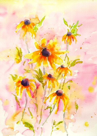 Pintura intitulada "HAPPY FLOWERS" por Ibolya Taligas, Obras de arte originais, Aquarela