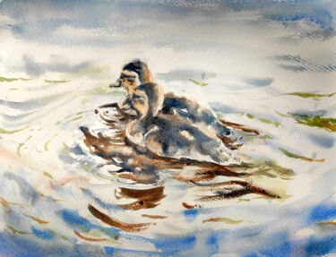 Painting titled "Two ducklings" by Ibolya Taligas, Original Artwork, Watercolor