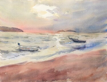Painting titled "Twilight Coast" by Ibolya Taligas, Original Artwork, Watercolor