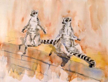 Pintura intitulada "SUNBATHING LEMURS" por Ibolya Taligas, Obras de arte originais, Aquarela