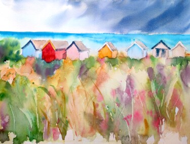 Malerei mit dem Titel "Southwold Beach hut…" von Ibolya Taligas, Original-Kunstwerk, Aquarell