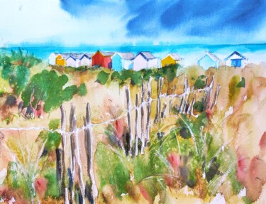 Peinture intitulée "Southwold beach huts" par Ibolya Taligas, Œuvre d'art originale, Aquarelle