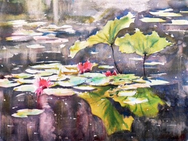 Painting titled "Waterlily pond refl…" by Ibolya Taligas, Original Artwork, Watercolor