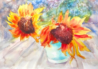 Картина под названием "Sunflowers in a vase" - Ibolya Taligas, Подлинное произведение искусства, Акварель