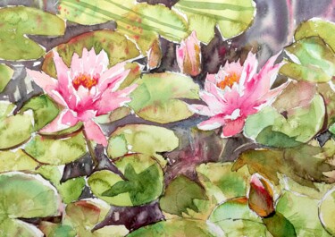 "Pink Waterlilies in…" başlıklı Tablo Ibolya Taligas tarafından, Orijinal sanat, Suluboya