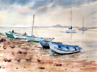 Painting titled "Serene Norfolk Coast" by Ibolya Taligas, Original Artwork, Watercolor