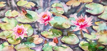 Painting titled "The Waterlily Pond" by Ibolya Taligas, Original Artwork, Watercolor