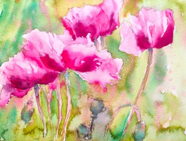 Malarstwo zatytułowany „Pink poppies in a g…” autorstwa Ibolya Taligas, Oryginalna praca, Akwarela