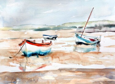 Painting titled "Boats at low tide a…" by Ibolya Taligas, Original Artwork, Watercolor