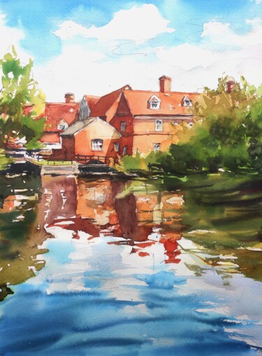 Schilderij getiteld "Flatford Mill refle…" door Ibolya Taligas, Origineel Kunstwerk, Aquarel