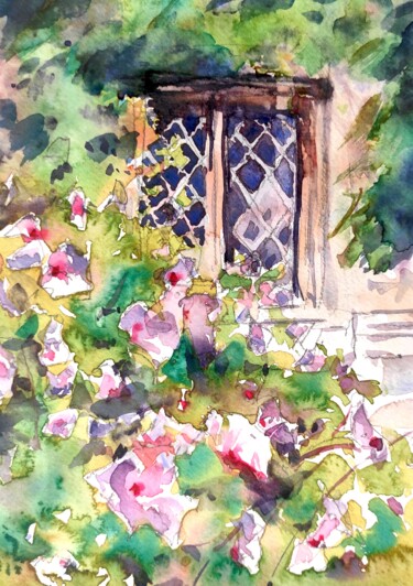 Painting titled "Cottage Garden" by Ibolya Taligas, Original Artwork, Watercolor