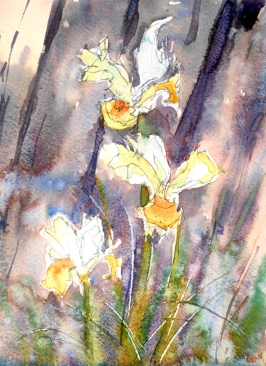 Pittura intitolato "Dutch Irises" da Ibolya Taligas, Opera d'arte originale, Acquarello