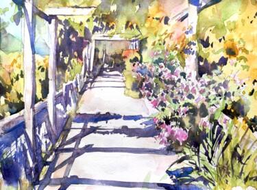 Malerei mit dem Titel "Pergola Garden II." von Ibolya Taligas, Original-Kunstwerk, Aquarell