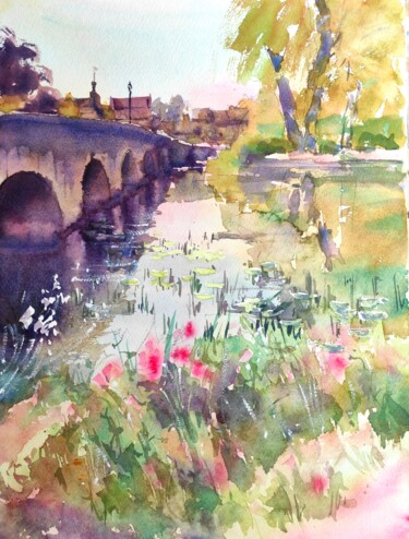 Schilderij getiteld "Stone Bridge in BRA…" door Ibolya Taligas, Origineel Kunstwerk, Aquarel