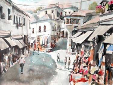 Malerei mit dem Titel "Gjirokastra old town" von Ibolya Taligas, Original-Kunstwerk, Aquarell