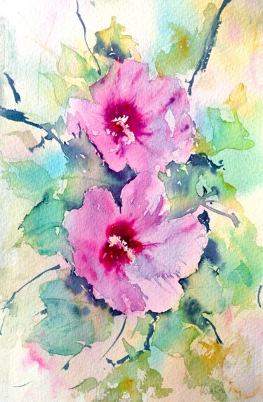 Картина под названием "Pink Hibiscus Flowe…" - Ibolya Taligas, Подлинное произведение искусства, Акварель