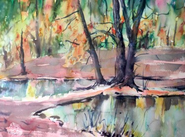 Pittura intitolato "Autumn lake reflect…" da Ibolya Taligas, Opera d'arte originale, Acquarello