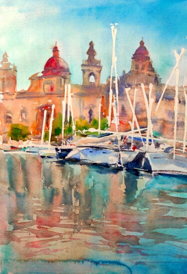 Painting titled "Valletta harbour, M…" by Ibolya Taligas, Original Artwork, Watercolor