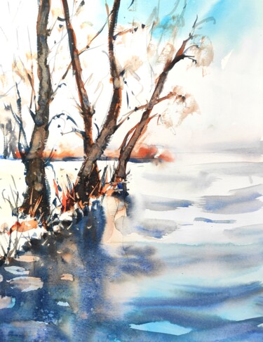 Malerei mit dem Titel "Snowy riverside lan…" von Ibolya Taligas, Original-Kunstwerk, Aquarell