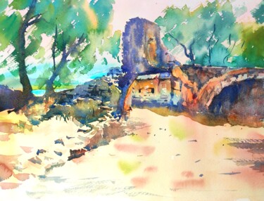 Painting titled "Ancient ruin in But…" by Ibolya Taligas, Original Artwork, Watercolor