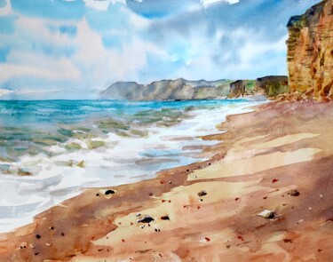 Painting titled "Desolate beach" by Ibolya Taligas, Original Artwork, Watercolor