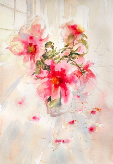 Painting titled "Peonies in the wind…" by Ibolya Taligas, Original Artwork, Watercolor