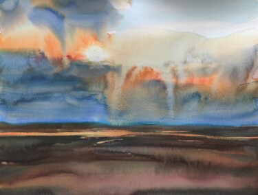 Painting titled "Sunset across the l…" by Ibolya Taligas, Original Artwork, Watercolor